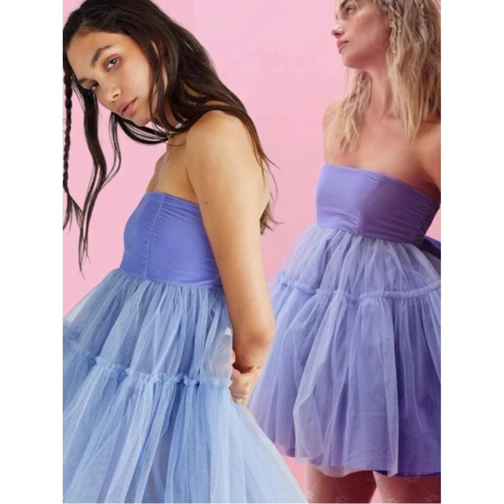 Free People Theo Puff Mini Dress Periwinkle Strapless Tulle Coquette Party S - Picture 4 of 10